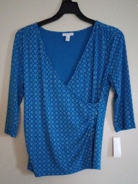NWT Charter Club Blue Geometric Faux Wrap Surplice Three Quarter Sleeve Size L